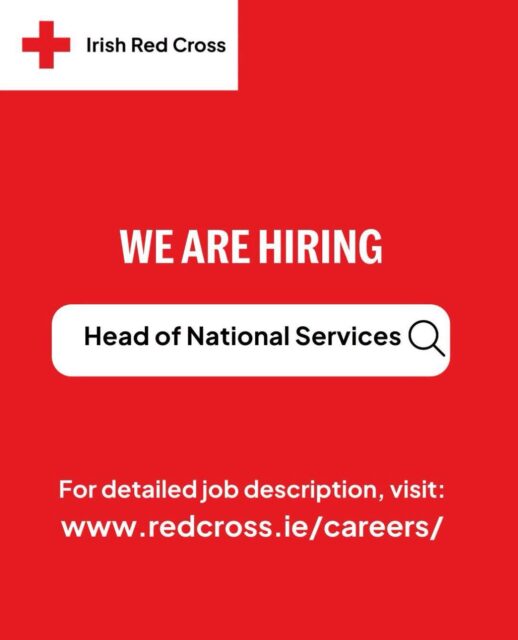 We’re hiring: Head of National ServicesAre you an experienced leader passionate about volunteering, community development and humanitarian impact?The Irish Red Cross is seeking a Head of National Services to join our Senior Management Team. Reporting directly to the Secretary General, this role will lead key national programmes across disaster response, first aid and training, mental health, community services, youth programmes and volunteer development.With more than 3,400 volunteers and 70+ branches nationwide, this is a unique opportunity to shape the future of volunteer-led humanitarian services in Ireland and drive the delivery of our 2025-2030 strategy.📍 Five-year fixed-term contract (renewable)⏰ Application deadline: Monday 9 November at 10:00am